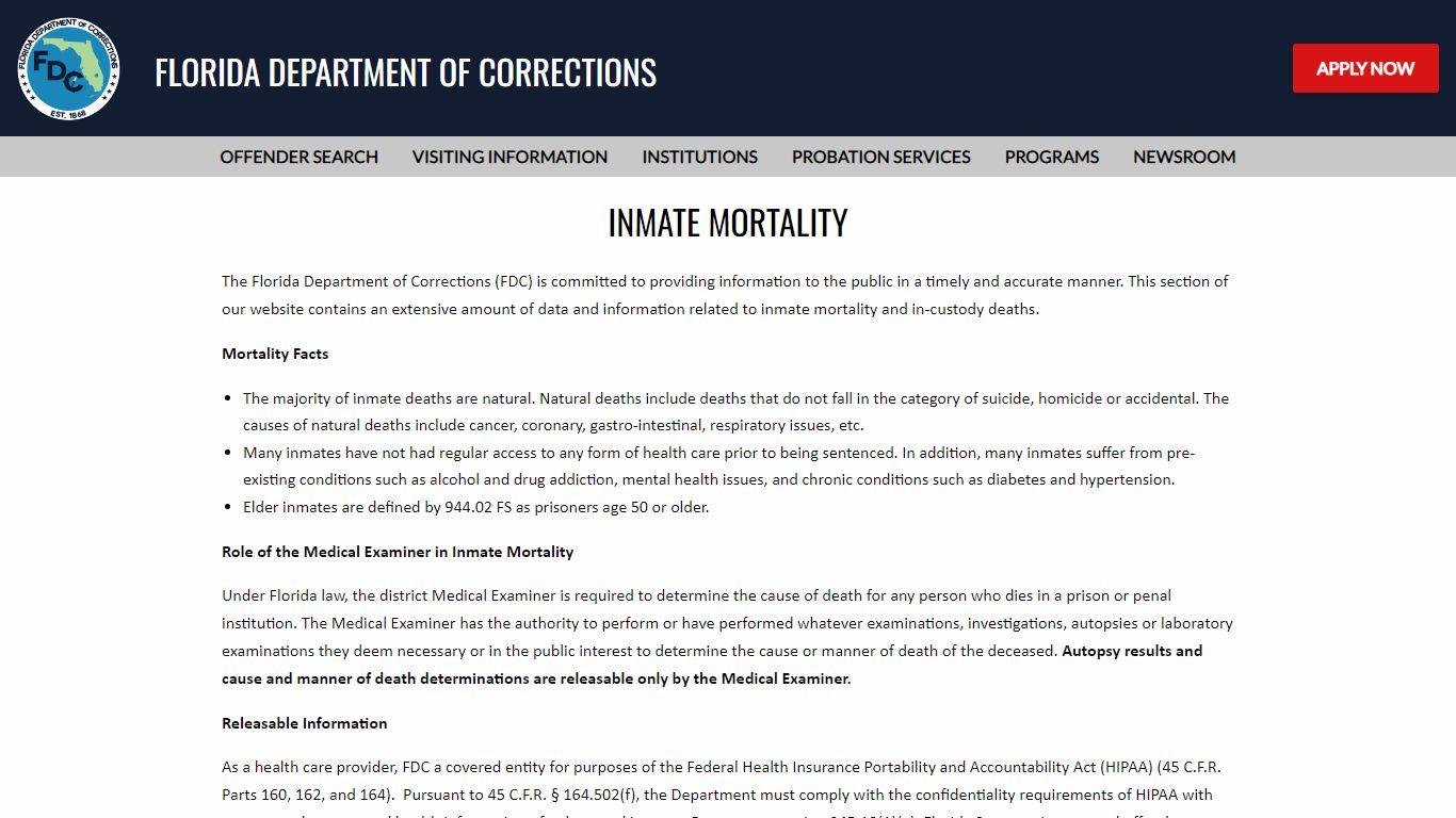 Inmate Mortality -- Florida Department of Corrections